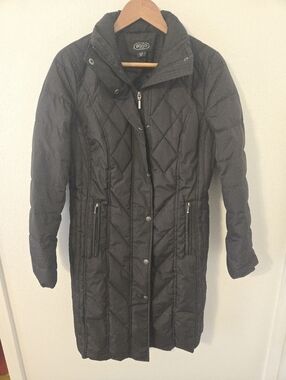 BGSD Long Black Down Quilted Puffer Coat Zip Up Snap Closure Womens Medium